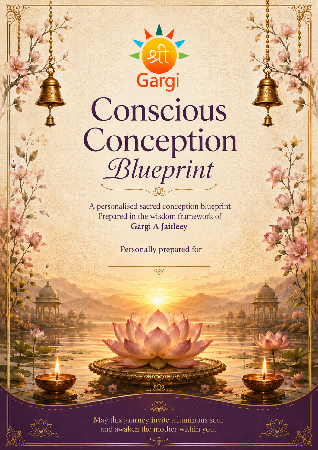 Conscious Conception Blueprint cover — a personalised sacred document prepared in the wisdom framework of Gargi A Jaitleey